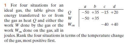 1 For four situations for an
ideal gas, the table gives the
energy transfered to or from
the gas as heat Q and either the
work W done by the gas or the Won
work Won done on the gas, all in
joules. Rank the four situations in terms of the temperature change
of the gas, most positive first.
a b c d
-50 +35 -15 +20
W
-50 +35
-40 +40
