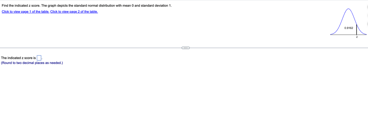 Find the indicated z score. The graph depicts the standard normal distribution with mean 0 and standard deviation 1.
Click to view page 1 of the table. Click to view page 2 of the table.
The indicated z score is.
(Round to two decimal places as needed.)
A
0.9162
Z