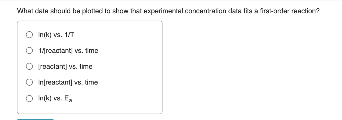 What data should be plotted to show that experimental concentration data fits a first-order reaction?
O In(k) vs. 1/T
O 1/[reactant] vs. time
[reactant] vs. time
O In[reactant] vs. time
O In(k) vs. Eąa
