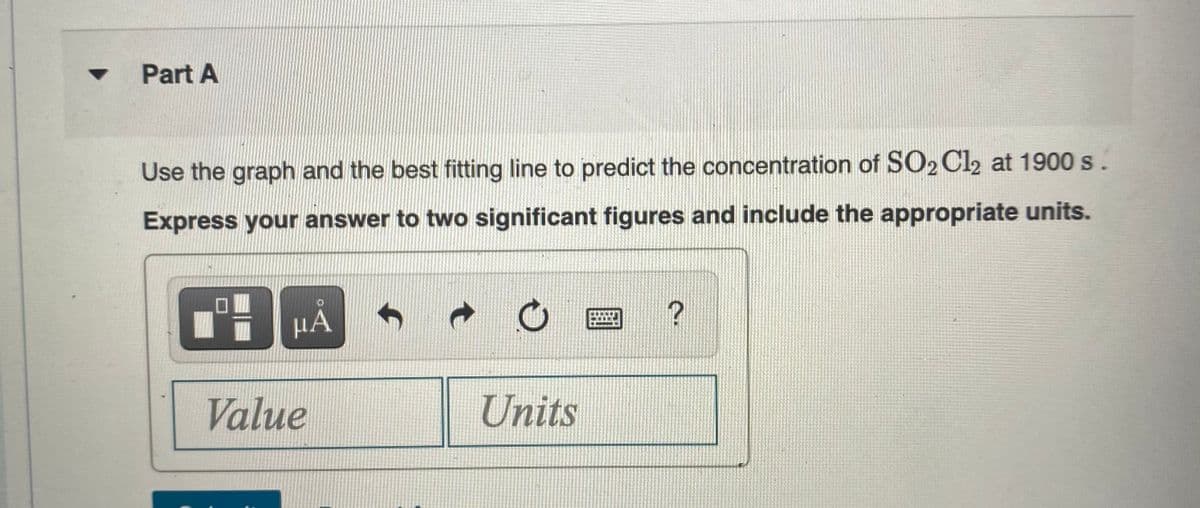 Part A
Use the graph and the best fitting line to predict the concentration of SO2 Cl2 at 1900 s.
Express your answer to two significant figures and include the appropriate units.
HA
Value
Units
