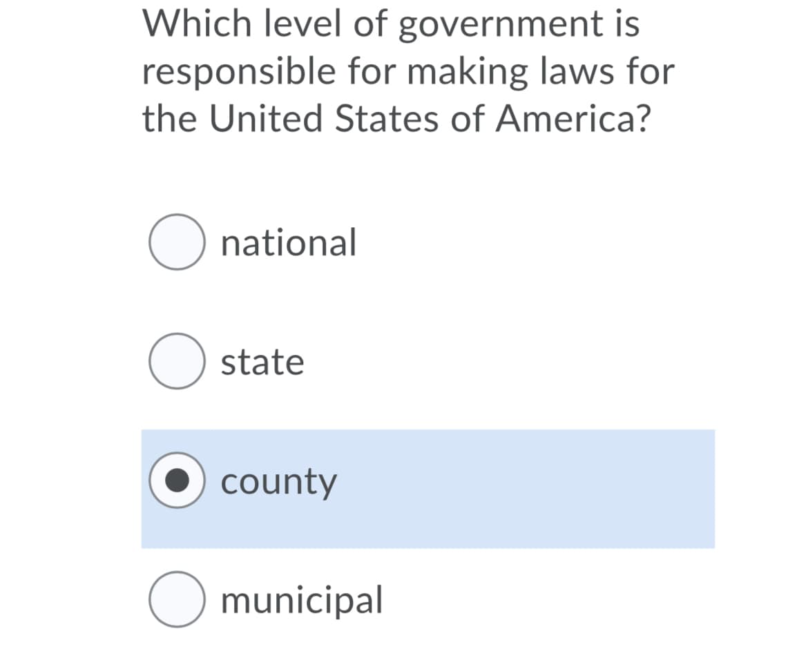 Which level of government is
responsible for making laws for
the United States of America?
O national
O state
county
O municipal
