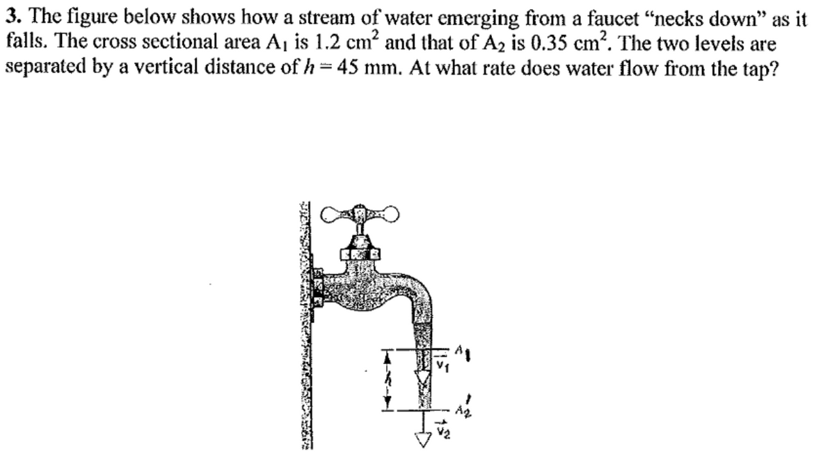 3. The figure below shows how a stream of water emerging from a faucet “necks down" as it
falls. The cross sectional area A, is 1.2 cm? and that of A2 is 0.35 cm?. The two levels are
separated by a vertical distance of h=45 mm. At what rate does water flow from the tap?
V1
