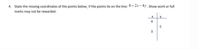 4. State the missing coordinates of the points below, if the points lie on the line: 8 = 2.x-4y. Show work or full
marks may not be rewarded.
4
-1
3
