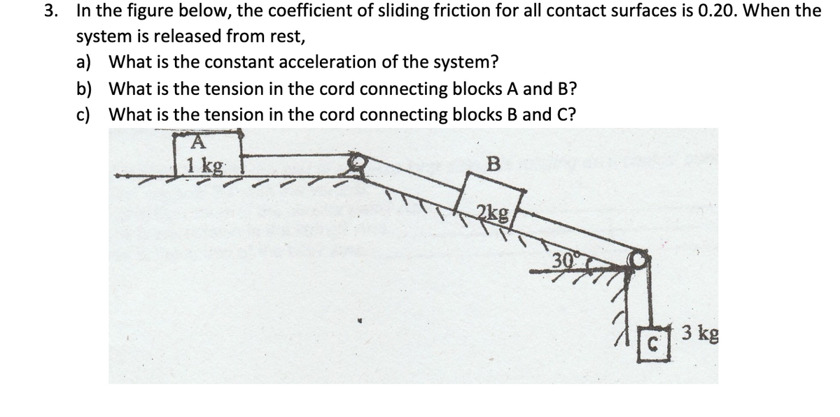 3. In the figure below, the coefficient of sliding friction for all contact surfaces is 0.20. When the
system is released from rest,
a) What is the constant acceleration of the system?
b) What is the tension in the cord connecting blocks A and B?
c) What is the tension in the cord connecting blocks B and C?
I kg
B
30
3 kg
