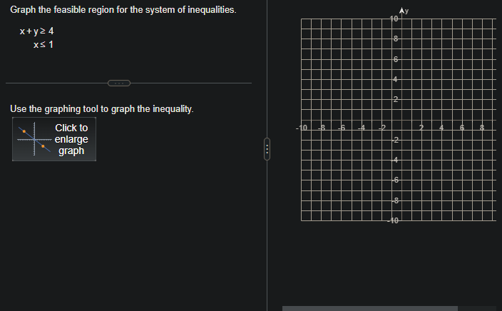 Graph the feasible region for the system of inequalities.
x+y24
x≤ 1
Use the graphing tool to graph the inequality.
Click to
enlarge
graph
-10
10
8
16
2
6
8