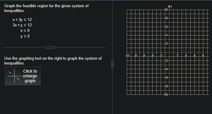 Graph the feasible region for the given system of
inequalities.
x + 3y ≤ 12
3x + y ≤ 12
x 20
y 20
Use the graphing tool on the right to graph the system of
inequalities.
Click to
enlarge
graph
-10
8
6
2
-6
18
40