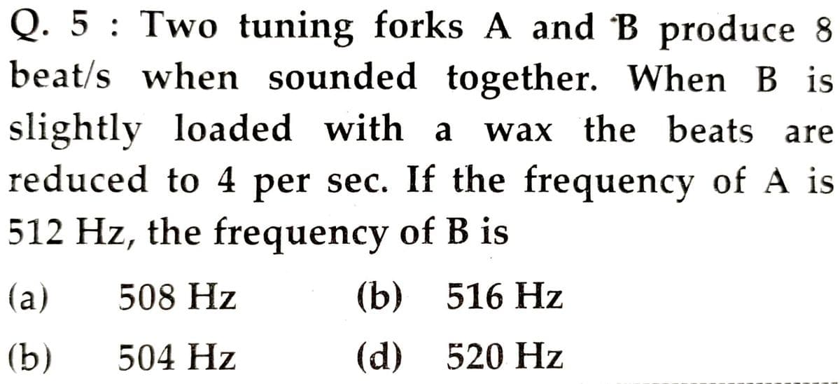 Q. 5 : Two tuning forks A and B produce 8
beat/s when sounded together. When B is
slightly loaded with a
reduced to 4 per sec. If the frequency of A is
wax the beats are
512 Hz, the frequency of B is
(a)
508 Hz
(b) 516 Hz
(b)
504 Hz
(d) 520 Hz
