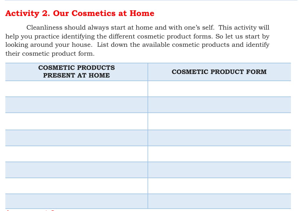 Activity 2. Our Cosmetics at Home
Cleanliness should always start at home and with one's self. This activity will
help you practice identifying the different cosmetic product forms. So let us start by
looking around your house. List down the available cosmetic products and identify
their cosmetic product form.
COSMETIC PRODUCTS
COSMETIC PRODUCT FORM
PRESENT AT HOME
