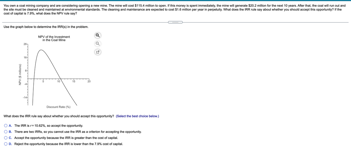 You own a coal mining company and are considering opening a new mine. The mine will cost $115.4 million to open. If this money is spent immediately, the mine will generate $20.2 million for the next 10 years. After that, the coal will run out and
the site must be cleaned and maintained at environmental standards. The cleaning and maintenance are expected to cost $1.6 million per year in perpetuity. What does the IRR rule say about whether you should accept this opportunity? If the
cost of capital is 7.9%, what does the NPV rule say?
Use the graph below to determine the IRR(s) in the problem.
NPV of the Investment
in the Coal Mine
26-
16-
10
15
20
-14-
Discount Rate (%)
What does the IRR rule say about whether you should accept this opportunity? (Select the best choice below.)
A. The IRR is r= 10.62%, so accept the opportunity.
O B. There are two IRRS, so you cannot use the IRR as a criterion for accepting the opportunity.
C. Accept the opportunity because the IRR is greater than the cost of capital.
O D. Reject the opportunity because the IRR is lower than the 7.9% cost of capital.
NPV ($ millions)
