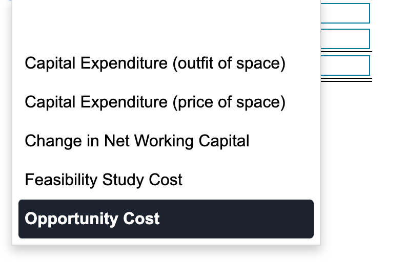 Capital Expenditure (outfit of space)
Capital Expenditure (price of space)
Change in Net Working Capital
Feasibility Study Cost
Opportunity Cost
