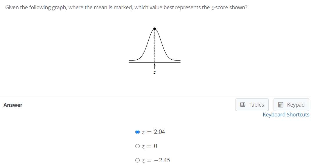 Given the following graph, where the mean is marked, which value best represents the z-score shown?
Answer
E Tables
в Кеурad
Keyboard Shortcuts
O z = 2.04
O z = 0
O z = -2.45
