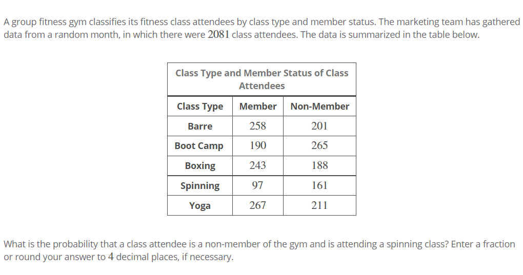 A group fitness gym classifies its fitness class attendees by class type and member status. The marketing team has gathered
data from a random month, in which there were 2081 class attendees. The data is summarized in the table below.
Class Type and Member Status of Class
Attendees
Class Type
Member
Non-Member
Barre
258
201
Boot Camp
190
265
Boxing
243
188
Spinning
97
161
Yoga
267
211
What is the probability that a class attendee is a non-member of the gym and is attending a spinning class? Enter a fraction
or round your answer to 4 decimal places, if necessary.

