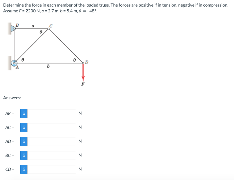 Determine the force in each member of the loaded truss. The forces are positive if in tension, negative if in compression.
Assume F-2200 N, a-2.7 m, b-5.4 m, 0 = 48%
Answers:
AB=
AC=
AD=
BC-
B
CD-
i
b
8
N
N
N
N
N
