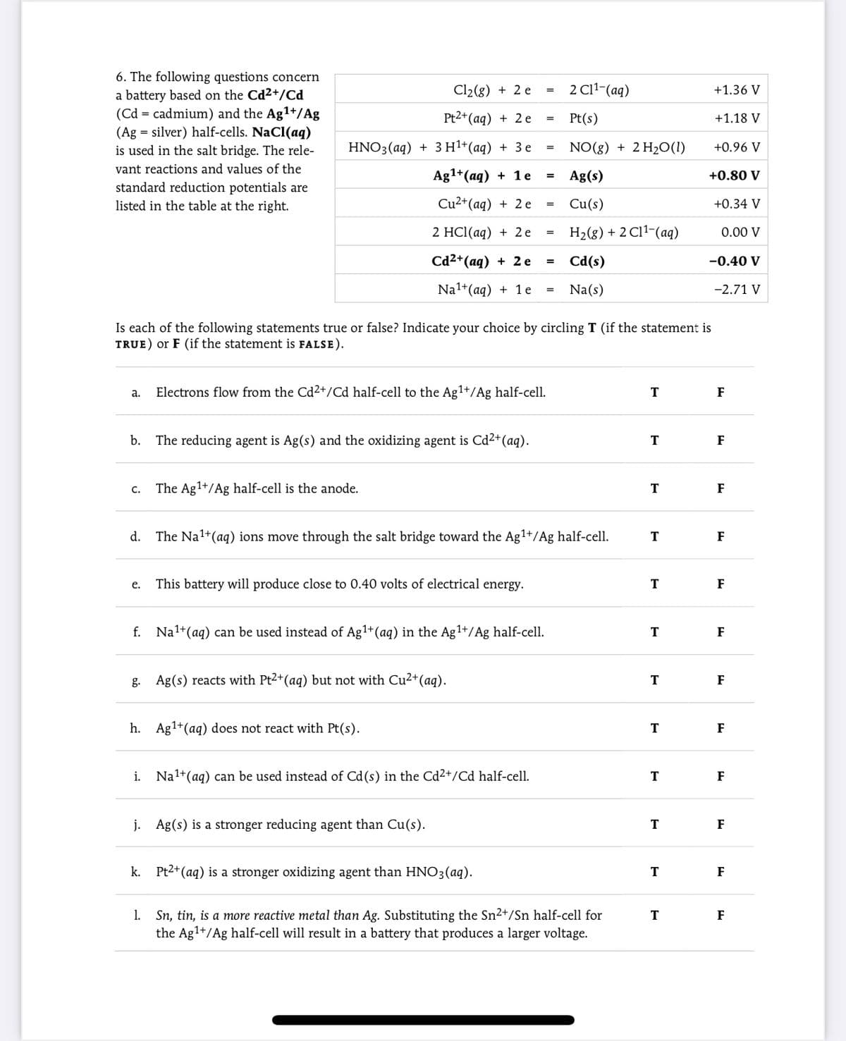 6. The following questions concern
a battery based on the Cd²+/Cd
(Cd = cadmium) and the Ag1+/Ag
(Ag = silver) half-cells. NaCl(aq)
is used in the salt bridge. The rele-
Cl2(g) + 2 e
2 Cl1-(aq)
+1.36 V
Pt2+(aq) + 2 e
Pt(s)
+1.18 V
HNO3(aq) + з н1+ (ад) + 3е
NO(8) + 2 H2O(1)
+0.96 V
vant reactions and values of the
Ag1+(aq) + 1e
Ag(s)
+0.80 V
%3D
standard reduction potentials are
listed in the table at the right.
Cu2+(aq) + 2 e
Cu(s)
+0.34 V
2 HCI(aд) + 2 е
H2(g) + 2 Cl1-(aq)
0.00 V
Cd2+(aq) + 2 e
Cd(s)
-0.40 V
%3D
Na1+(aq) + 1e
Na(s)
-2.71 V
Is each of the following statements true or false? Indicate your choice by circling T (if the statement is
TRUE) or F (if the statement is FALSE).
Electrons flow from the Cd2+/Cd half-cell to the Ag1+/Ag half-cell.
F
а.
b.
The reducing agent is Ag(s) and the oxidizing agent is Cd2+(aq).
T
F
C.
The Ag1+/Ag half-cell is the anode.
T
F
d.
The Na1+(aq) ions move through the salt bridge toward the Ag1+/Ag half-cell.
T
F
е.
This battery will produce close to 0.40 volts of electrical energy.
T
F
f. Na1+(aq) can be used instead of Ag1+(aq) in the Ag1+/Ag half-cell.
F
g. Ag(s) reacts with Pt2+(aq) but not with Cu2+(aq).
T
F
h.
Ag1+(aq) does not react with Pt(s).
T
F
i. Nal+(aq) can be used instead of Cd(s) in the Cd2+/Cd half-cell.
T
F
j. Ag(s) is a stronger reducing agent than Cu(s).
T
F
k. Pt2+(aq) is a stronger oxidizing agent than HNO3(aq).
T
F
1. Sn, tin, is a more reactive metal than Ag. Substituting the Sn2+/Sn half-cell for
the Ag1+/Ag half-cell will result in a battery that produces a larger voltage.
F
