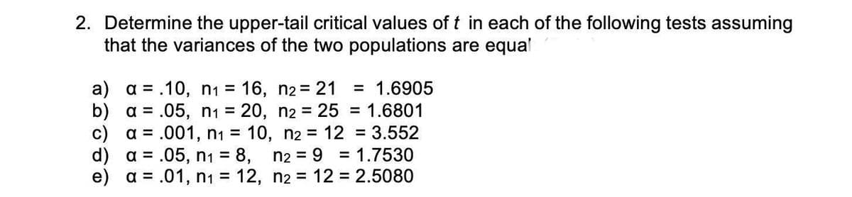 2. Determine the upper-tail critical values of t in each of the following tests assuming
that the variances of the two populations are equal
a) a = .10, n1 = 16, n2= 21
b) a = .05, n1 = 20, n2 = 25 = 1.6801
c) a = .001, n1 = 10, n2 = 12 = 3.552
d) a = .05, n1 = 8, n2 = 9 = 1.7530
e) a = .01, n1 = 12, n2 = 12 = 2.5080
= 1.6905
%3D
%3D
%3!
%3D
