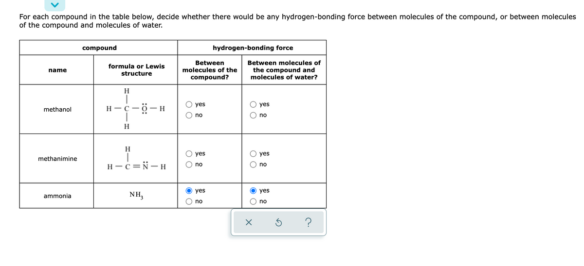 For each compound in the table below, decide whether there would be any hydrogen-bonding force between molecules of the compound, or between molecules
of the compound and molecules of water.
compound
hydrogen-bonding force
Between
molecules of the
Between molecules of
formula or Lewis
the compound and
molecules of water?
name
structure
compound?
H
|
н —с — ӧ— н
yes
yes
methanol
no
no
H
H
yes
yes
methanimine
H – c=N– H
no
no
yes
yes
ammonia
NH,
no
no

