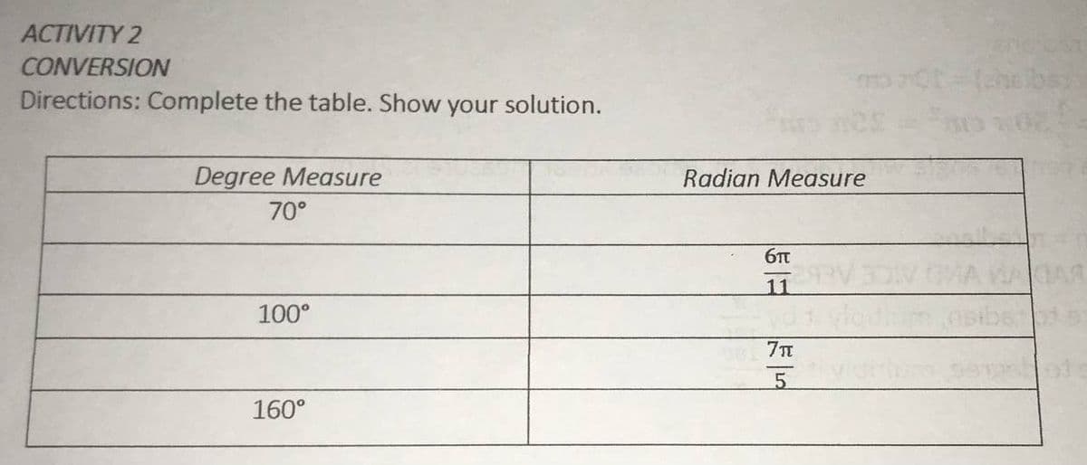 АСTIVITY 2
CONVERSION
Directions: Complete the table. Show your solution.
Degree Measure
Radian Measure
70°
6Tt
11
100°
5.
160°
