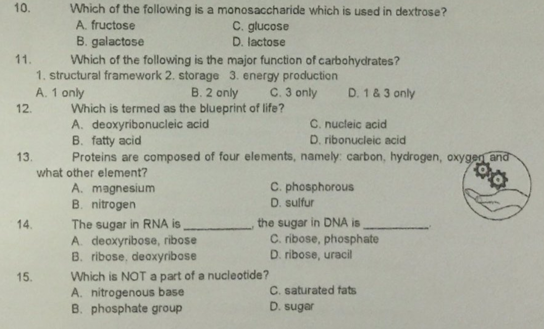10.
Which of the following is a monosaccharide which is used in dextrose?
A. fructose
C. glucose
D. lactose
B. galactose
Which of the following is the major function of carbohydrates?
1. structural framework 2. storage 3. energy production
A. 1 only
Which is termed as the blueprint of life?
A. deoxyribonucleic acid
B. fatty acid
Proteins are composed of four elements, namely: carbon, hydrogen, oxygen and
11.
B. 2 only
C. 3 only
D. 1& 3 only
12.
C. nucleic acid
D. ribonucleic acid
13.
what other element?
A. magnesium
B. nitrogen
C. phosphorous
D. sulfur
The sugar in RNA is
A. deoxyribose, ribose
B. ribose, deoxyribose
the sugar in DNA is
C. ribose, phosphate
D. ribose, uracil
14.
Which is NOTa part of a nucleotide?
A. nitrogenous base
B. phosphate group
15.
C. saturated fats
D. sugar
