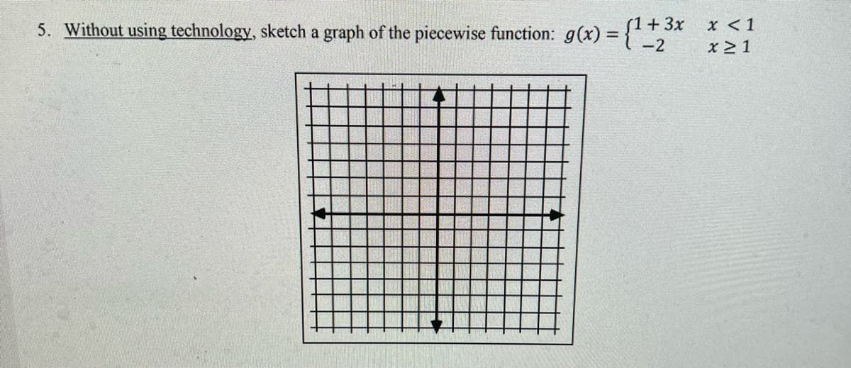 x <1
x 2 1
5. Without using technology, sketch a graph of the piecewise function: g(x) = {*
(1+3x
%3D
-2
