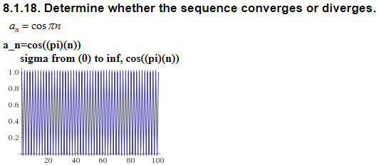 8.1.18. Determine whether the sequence converges or diverges.
a cos tn
a-n=cos(pi)(n))
sigma from (0) to inf, cos(pi)(n))
1.0
0.8
0.6
0.4
0.2
20 40 60 80 100
