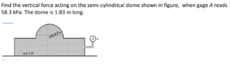 Find the vertical force acting on the semi-cylindrical dome shown in figure, when gage A reads
58.3 kPa. The dome is 1.83 m long.
