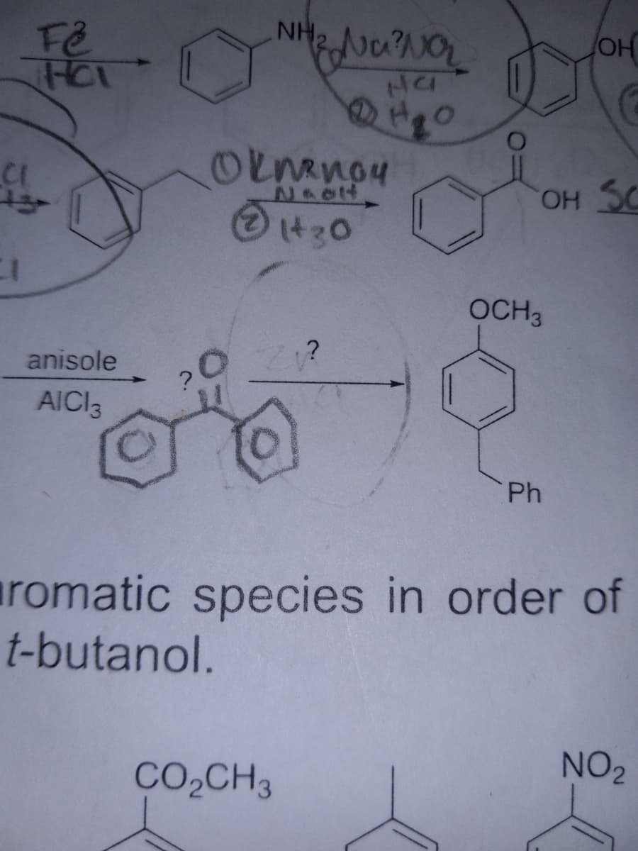 Fe
品行
Ho
CL
CI
anisole
AICI 3
NH₂
Navar
Ha
Oknenoy
NOCH
1+30
CO₂CH3
OH SC
OCH 3
OH
Ph
romatic species in order of
t-butanol.
NO₂