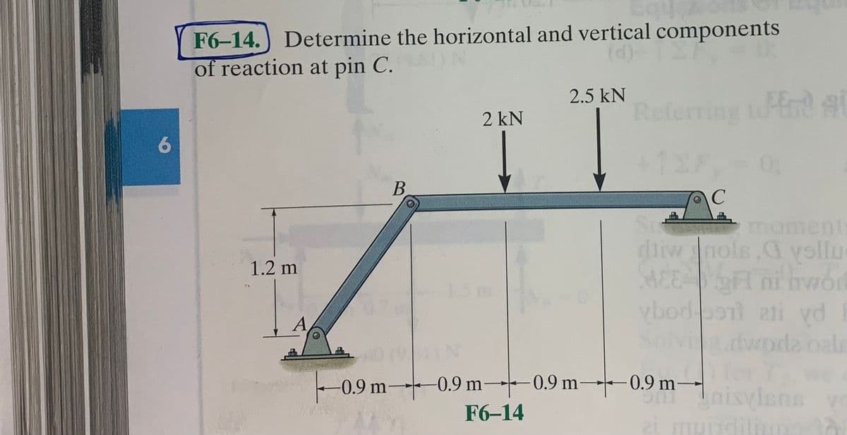F6-14.) Determine the horizontal and vertical components
of reaction at pin C.
(d)
2.5 kN
Refer
EE-
to
2 kN
6
+12F,-0
B
Su
diw nols a yollur
HEE ni hiwód
vbodporl ati vd
Solvi
moments
1.2 m
-0.9 m-
-0.9 m-
0.9 m-
-0.9 m-
Taisyisns
F6-14
ei
muindiliu

