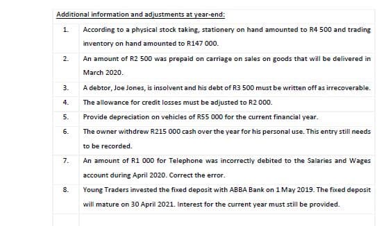 Additional information and adjustments at year-end:
1.
According to a physical stock taking, stationery on hand amounted to R4 500 and trading
inventory on hand amounted to R147 000.
2.
An amount of R2 500 was prepaid on carriage on sales on goods that will be delivered in
March 2020.
3.
A debtor, Joe Jones, is insolvent and his debt of R3 500 must be written off as irrecoverable.
4.
The allowance for credit losses must be adjusted to R2 000.
5.
Provide depreciation on vehicles of R55 000 for the current financial year.
6.
The owner withdrew R215 000 cash over the year for his personal use. This entry still needs
to be recorded.
7.
An amount of R1 000 for Telephone was incorrectly debited to the Salaries and Wages
account during April 2020. Correct the error.
8.
Young Traders invested the fixed deposit with ABBA Bank on 1 May 2019. The fixed deposit
will mature on 30 April 2021. Interest for the current year must still be provided.
