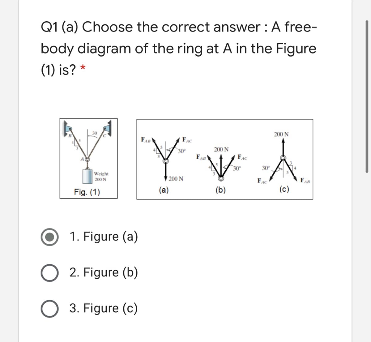 Q1 (a) Choose the correct answer : A free-
body diagram of the ring at A in the Figure
(1) is? *
30
200 N
FAB
FAC
30°
200 N
FAB
FAC
30°
30°
Weight
200 N
FAB
200 N
FAC
Fig. (1)
(a)
(b)
(c)
1. Figure (a)
2. Figure (b)
3. Figure (c)
