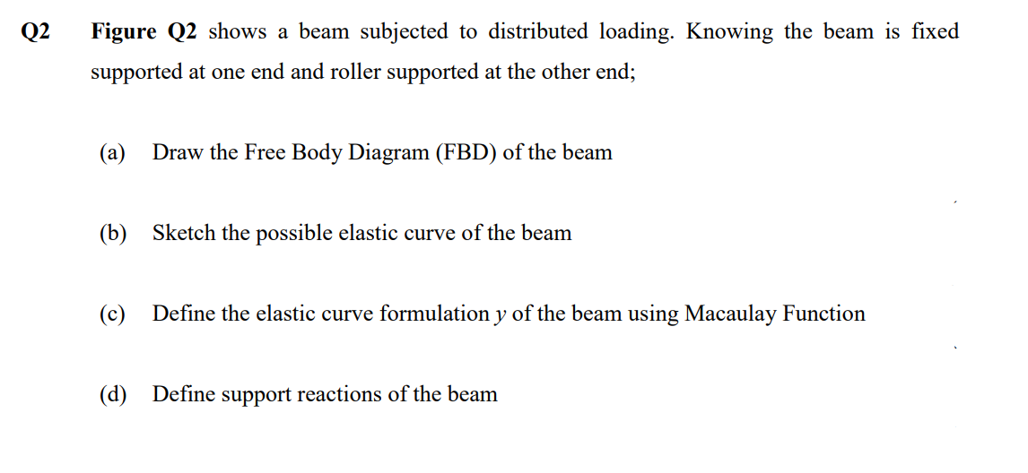 Q2
Figure Q2 shows a beam subjected to distributed loading. Knowing the beam is fixed
supported at one end and roller supported at the other end;
(a) Draw the Free Body Diagram (FBD) of the beam
(b) Sketch the possible elastic curve of the beam
(c) Define the elastic curve formulation y of the beam using Macaulay Function
(d) Define support reactions of the beam
