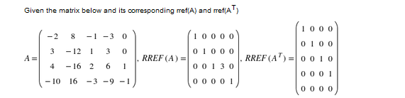 Given the matrix below and its corresponding rref(A) and rref(A')
1000
-2
-1 -3
(10000
0100
3
- 12 I
3
01000
A =
RREF (A) =
RREF (A") =
0 010
4
- 16 2
6
0 01 30
0 00 1
- 10
16
-3 -9 - I
0 00 0 1
0 000
