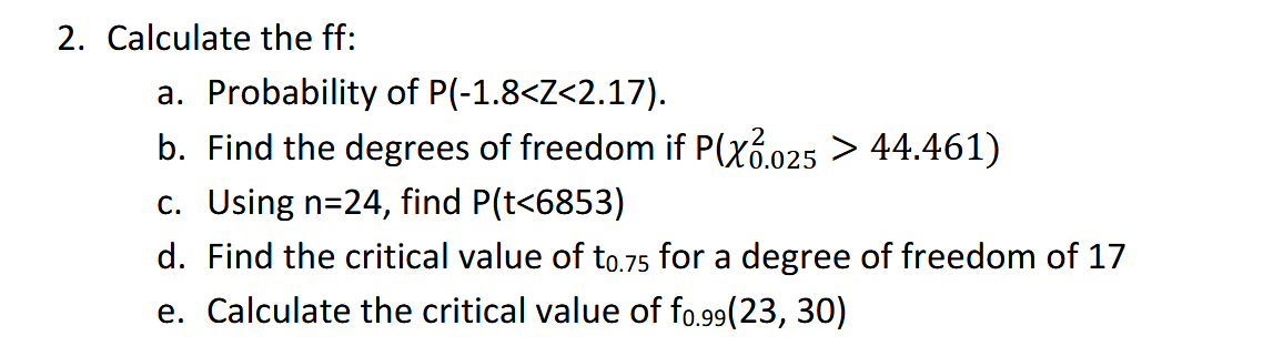 2. Calculate the ff:
a. Probability of P(-1.8<Z<2.17).
b. Find the degrees of freedom if P(xổ.025 > 44.461)
c. Using n=24, find P(t<6853)
d. Find the critical value of to.75 for a degree of freedom of 17
e. Calculate the critical value of fo.99(23, 30)
