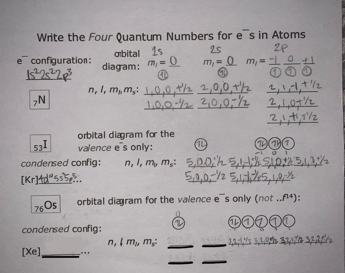 Write the Four Quantum Numbers for e s in Atoms
ombital 1s
m, =D0
25
e configuration:
diagam:
m, = 0 m,=
%3D
n, I, m, m,: 10,0,t2 2,0,0,t2 2,1,1,t2
2,,t,T/2
53!
condensed config:
orbital diagram for the
valence e s only:
(1L)
n, I, m, m;: 5,00;h 5A SIO51,1%
[Kr]Ad"ss5¢.
Os
orbital diagram for the valence e s only (not ..f14):
76
condensed config:
@ODOO
n, I m, m;
[Xe]
11
