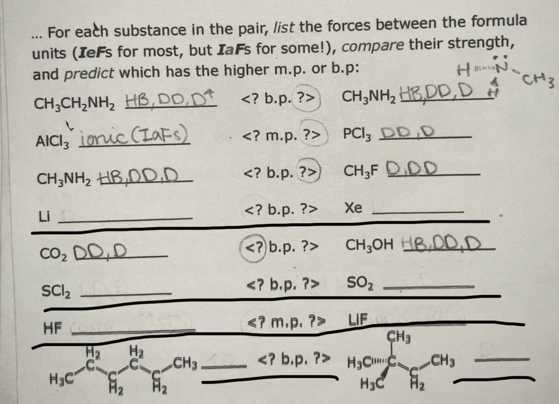 For each substance in the pair, list the forces between the formula
units (IeFs for most, but IaFs for some!), compare their strength,
and predict which has the higher m.p. or b.p:
...
CH;CH,NH, HB, DD,D <? b.p. ?>
CH3
CH;NH, HB,DD,D
AICI, Lonic (Lafs)
PCI; DD D
<? m.p. ?>
CH;NH, HB,DD.D
<? b.p. ?>)
CH;F D.DD
Li
<? b.p. ?>
Xe
Co, DD,D
(<?) b.p. ?>
CH;OH HBDD.D
SCI,
<? b.p. ?>
SO2
<? m.p. ?>
LIF
ÇH3
HF
H2
H2
CH3
<? b.p. ?>
H3CIC.
H3C
CH3
H3C
