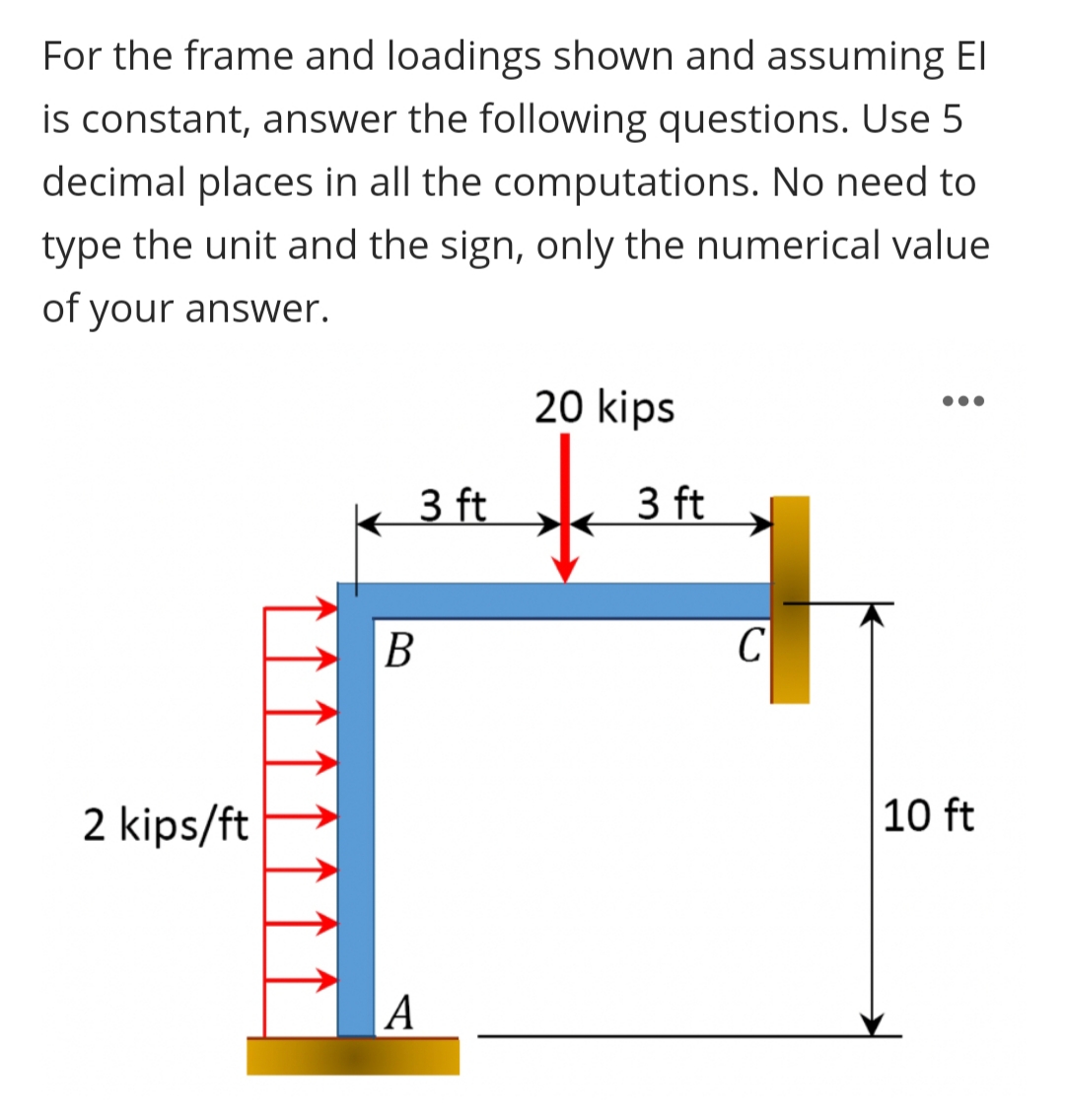 For the frame and loadings shown and assuming El
is constant, answer the following questions. Use 5
decimal places in all the computations. No need to
type the unit and the sign, only the numerical value
of your answer.
20 kips
•..
3 ft
3 ft
B
C
2 kips/ft
10 ft
A
