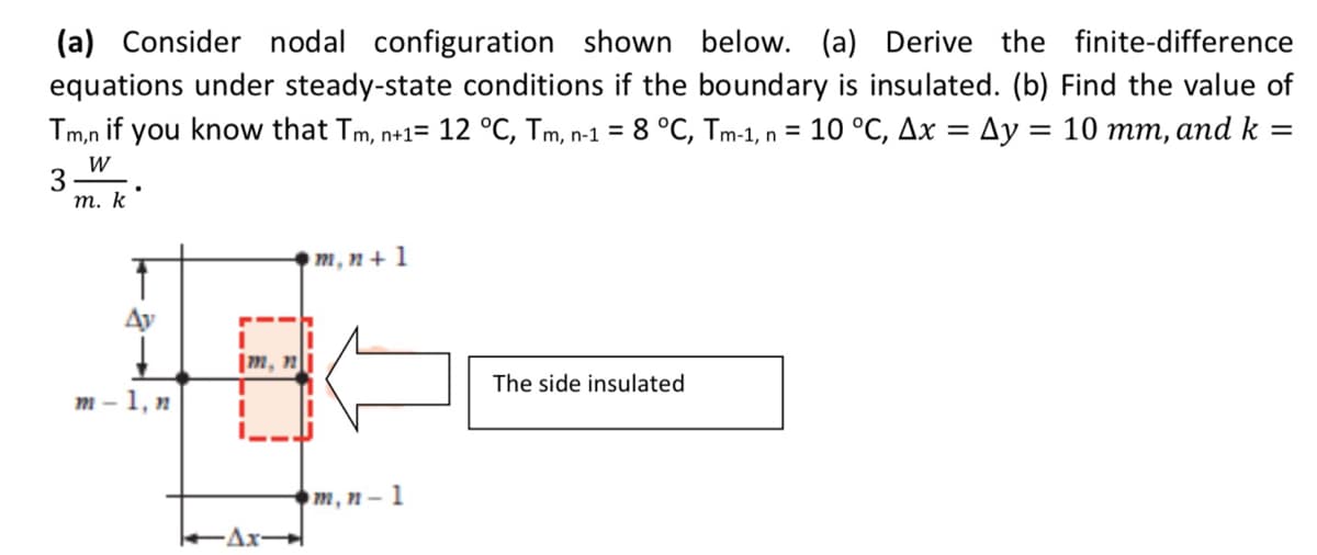 (a) Consider nodal configuration shown below. (a) Derive the finite-difference
equations under steady-state conditions if the boundary is insulated. (b) Find the value of
Tm,n if you know that Tm, n+1= 12 °C, Tm, n-1 = 8 °C, Tm-1, n = 10 °C, Ax = Ay = 10 mm, and k
=
=
W
3
m. k
.
Ay
m-1, n
m, n
| Δx="
m, n+1
m, n-1
The side insulated