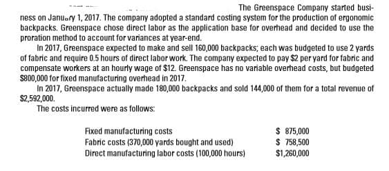The Greenspace Company started busi-
ness on January 1, 2017. The company adopted a standard costing system for the production of ergonomic
backpacks. Greenspace chose direct labor as the application base for overhead and decided to use the
proration method to account for variances at year-end.
In 2017, Greenspace expected to make and sell 160,000 backpacks; each was budgeted to use 2 yards
of fabric and require 0.5 hours of direct labor work. The company expected to pay $2 per yard for fabric and
compensate workers at an hourly wage of $12. Greenspace has no variable overhead costs, but budgeted
$800,000 for fixed manufacturing overhead in 2017.
In 2017, Greenspace actually made 180,000 backpacks and sold 144,000 of them for a total revenue of
$2,592,000.
The costs incurred were as follows:
Fixed manufacturing costs
Fabric costs (370,000 yards bought and used)
Direct manufacturing labor costs (100,000 hours)
$ 875,000
$ 758,500
$1,260,000
