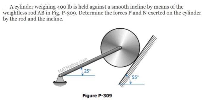 A cylinder weighing 400 lb is held against a smooth incline by means of the
weightless rod AB in Fig. P-309. Determine the forces P and N exerted on the cylinder
by the rod and the incline.
25°
MATHalino.com
Figure P-309
55⁰
