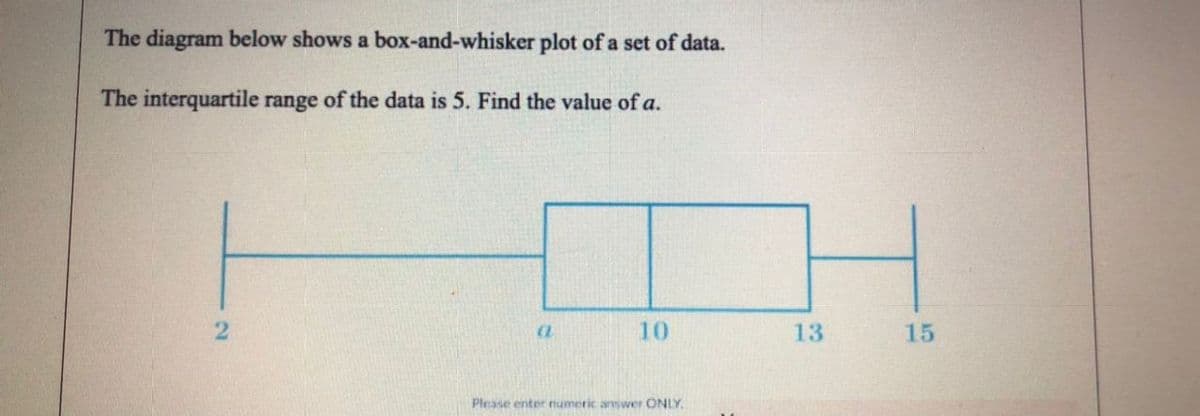 The diagram below shows a box-and-whisker plot of a set of data.
The interquartile range of the data is 5. Find the value of a.
TH
10
13
15
Please enter numeric answer ONLY.
