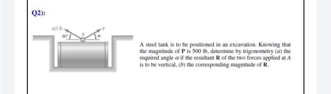 Q2):
425 Ib
A steel tank is to be positioned in an excavation. Knowing that
the magnitude of P is 500 lb, determine by trigonometry (a) the
required angle a if the resultant R of the two forces applied at A
is to be vertical, (b) the corresponding magnitude of R.
