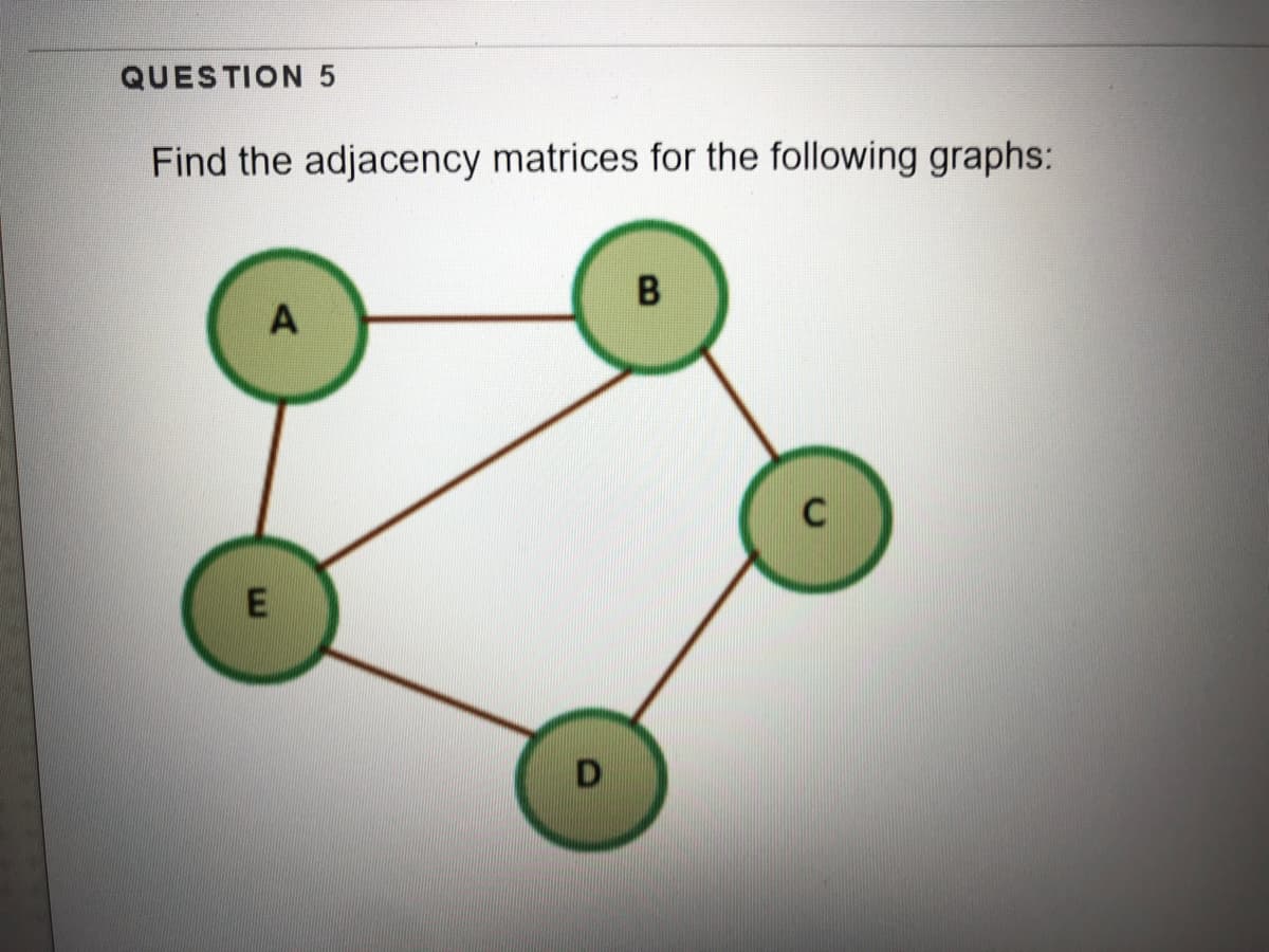 QUESTION 5
Find the adjacency matrices for the following graphs:
C
D
E.
