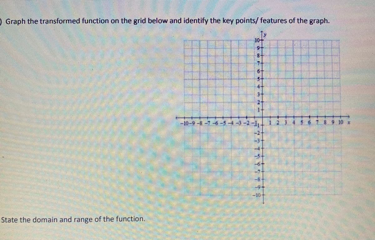 ) Graph the transformed function on the grid below and identify the key points/ features of the graph.
10
6.
-10-9-8-7
10 x
or
State the domain and range of the function.
