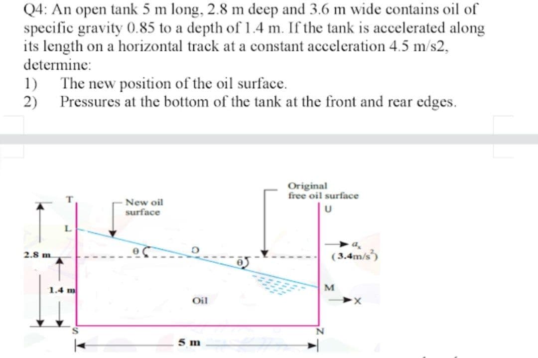 Q4: An open tank 5 m long, 2.8 m deep and 3.6 m wide contains oil of
specific gravity 0.85 to a depth of 1.4 m. If the tank is accelerated along
its length on a horizontal track at a constant acceleration 4.5 m/s2,
determine:
1)
The new position of the oil surface.
2)
Pressures at the bottom of the tank at the front and rear edges.
Original
free oil surface
New oil
surface
a
2.8 m.
(3.4m/s)
1.4 m
M
Oil
5 m
