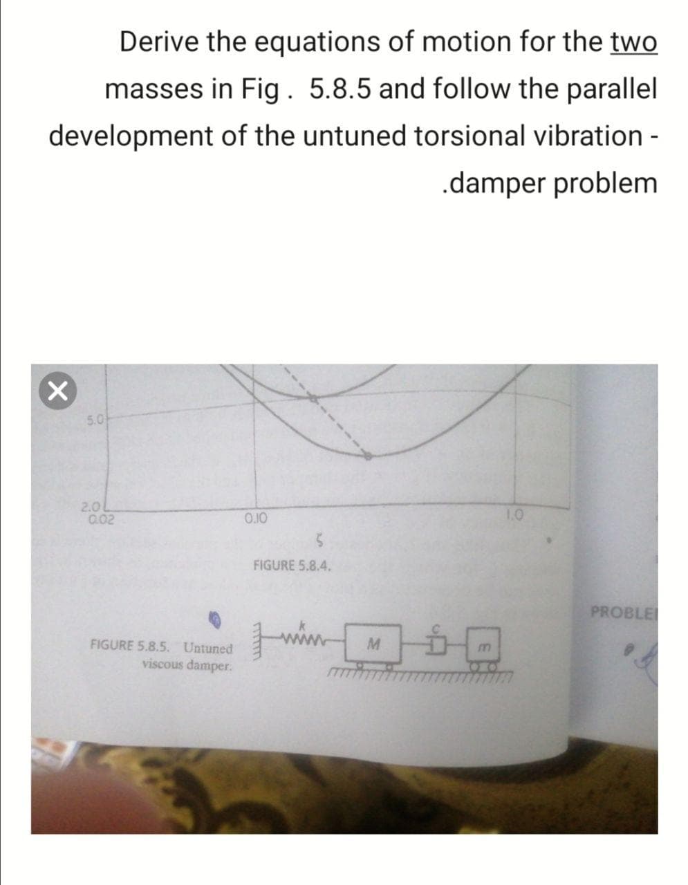 Derive the equations of motion for the two
masses in Fig . 5.8.5 and follow the parallel
development of the untuned torsional vibration -
.damper problem
5.0
2.0L
0.02
1.0
O.10
FIGURE 5.8.4.
PROBLE
FIGURE 5.8.5. Untuned
M
viscous damper.
