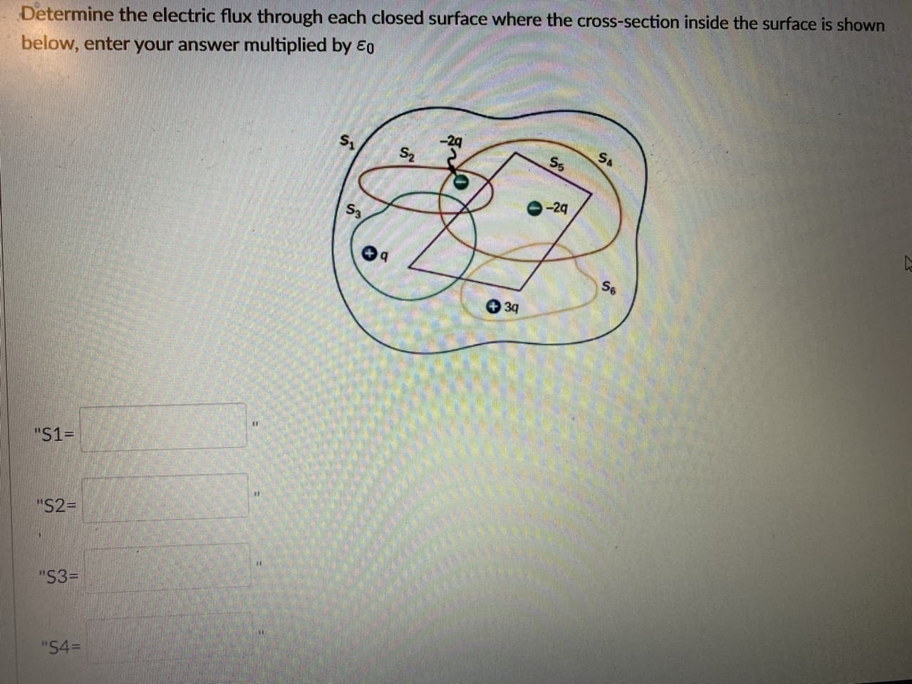Determine the electric flux through each closed surface where the cross-section inside the surface is shown
below, enter your answer multiplied by 80
-29
S5
S2
-29
