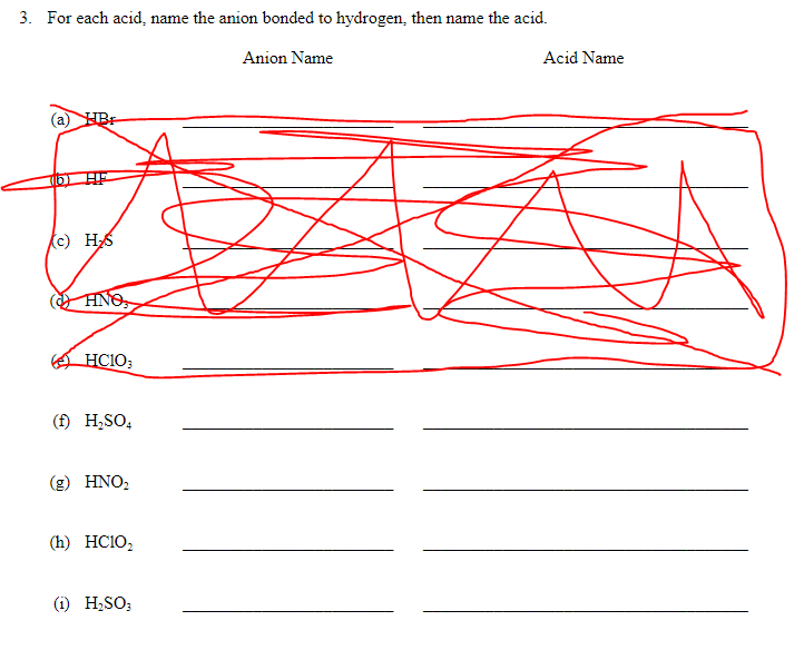 3. For each acid, name the anion bonded to hydrogen, then name the acid.
Anion Name
Acid Name
HBr
HF
c) HS
HNO
E HC10;
(f) H,SO,
(g) HNO,
(h) HC10,
(i) H,SO;

