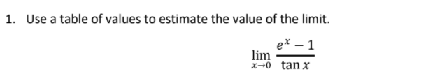 1. Use a table of values to estimate the value of the limit.
ex – 1
lim
x+0 tan x
