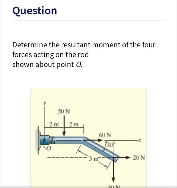 Question
Determine the resultant moment of the four
forces acting on the rod
shown about point O.
50 N
2 m
2 m
60 N
30
3 m
20 N
