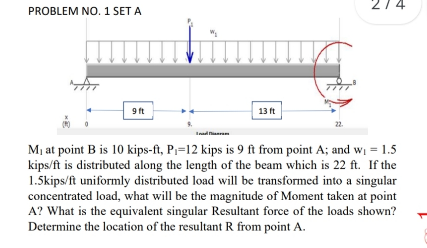 27 4
PROBLEM NO. 1 SET A
9 ft
13 ft
9.
22.
Inad Nianram
Mj at point B is 10 kips-ft, P1=12 kips is 9 ft from point A; and wi = 1.5
kips/ft is distributed along the length of the beam which is 22 ft. If the
1.5kips/ft uniformly distributed load will be transformed into a singular
concentrated load, what will be the magnitude of Moment taken at point
A? What is the equivalent singular Resultant force of the loads shown?
Determine the location of the resultant R from point A.
%3D
