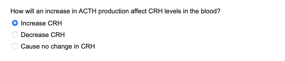 How will an increase in ACTH production affect CRH levels in the blood?
Increase CRH
Decrease CRH
Cause no change in CRH